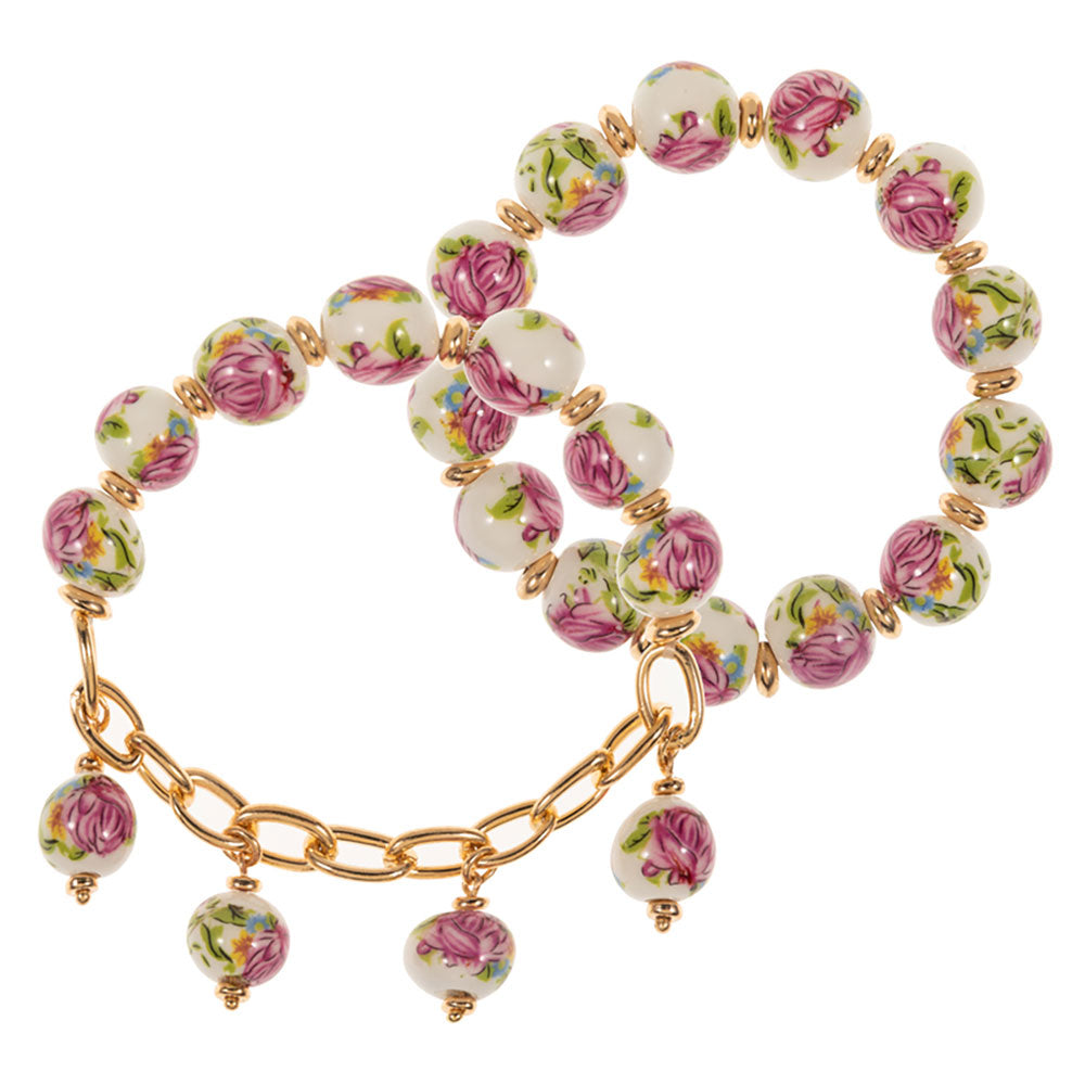 iLLASPARKZ 2PCS - Floral Ceramic Ball Beaded Stretch Multi Layered Bracelets