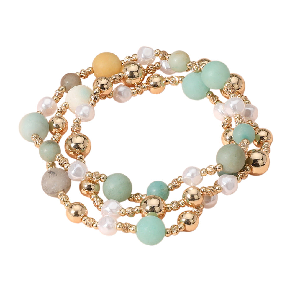 iLLASPARKZ 3PCS - Natural Stone Metal Ball Pearl Beaded Stretch Multi Layered Bracelets