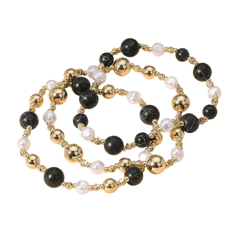 iLLASPARKZ 3PCS - Natural Stone Metal Ball Pearl Beaded Stretch Multi Layered Bracelets