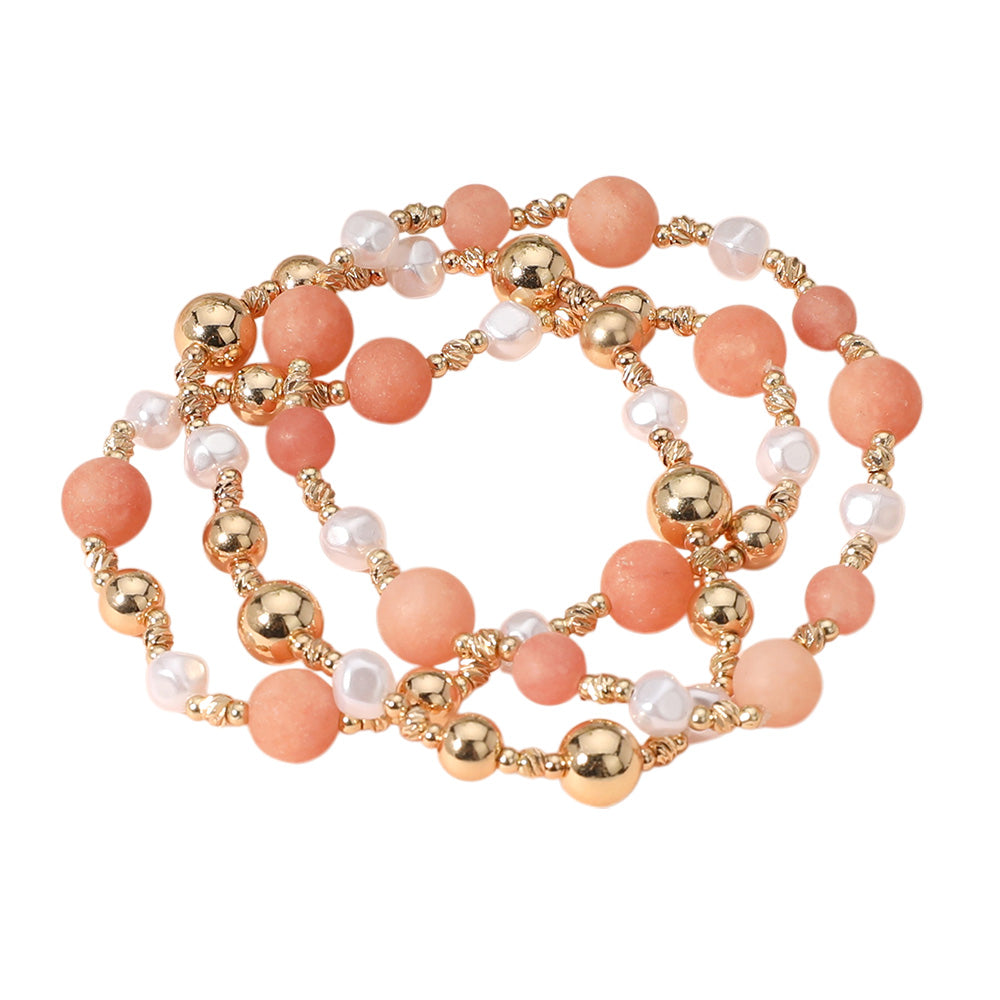 iLLASPARKZ 3PCS - Natural Stone Metal Ball Pearl Beaded Stretch Multi Layered Bracelets