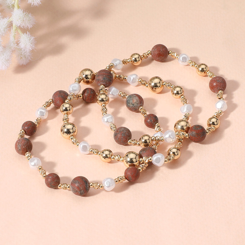 iLLASPARKZ 3PCS - Natural Stone Metal Ball Pearl Beaded Stretch Multi Layered Bracelets