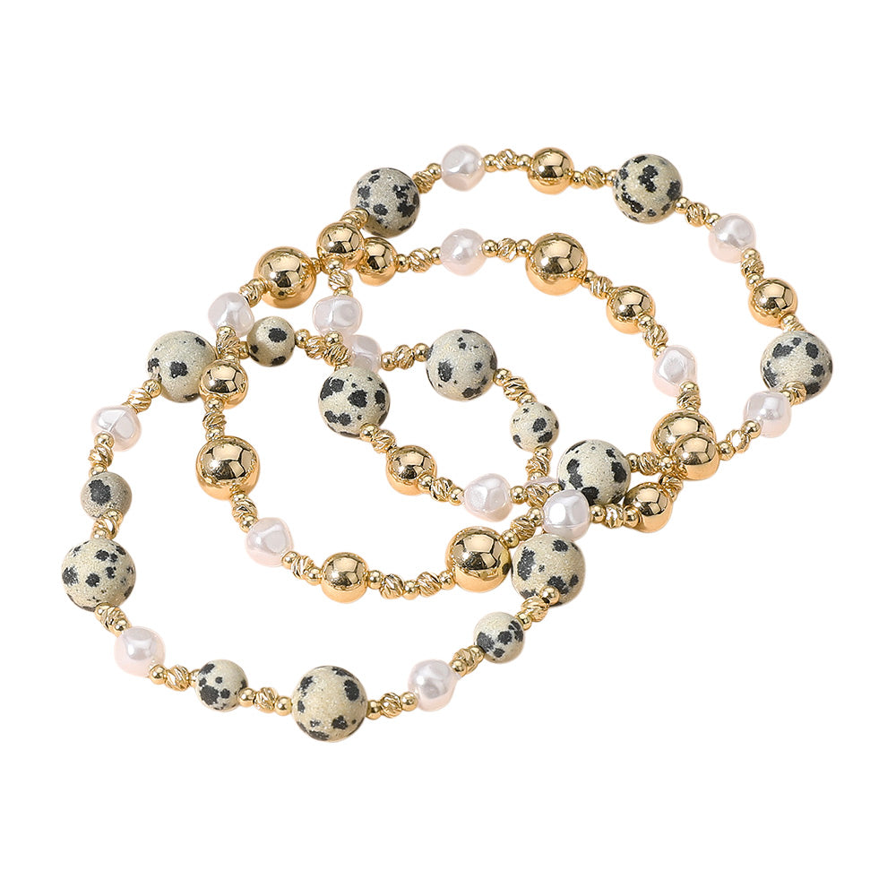 iLLASPARKZ 3PCS - Natural Stone Metal Ball Pearl Beaded Stretch Multi Layered Bracelets