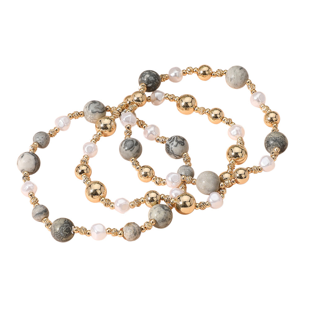 iLLASPARKZ 3PCS - Natural Stone Metal Ball Pearl Beaded Stretch Multi Layered Bracelets