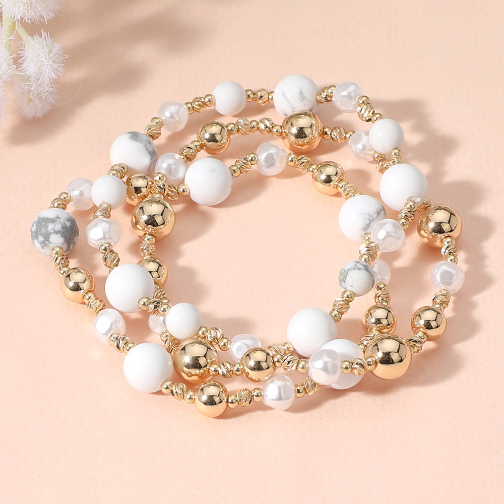 iLLASPARKZ 3PCS - Natural Stone Metal Ball Pearl Beaded Stretch Multi Layered Bracelets