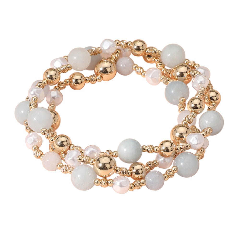 iLLASPARKZ 3PCS - Natural Stone Metal Ball Pearl Beaded Stretch Multi Layered Bracelets