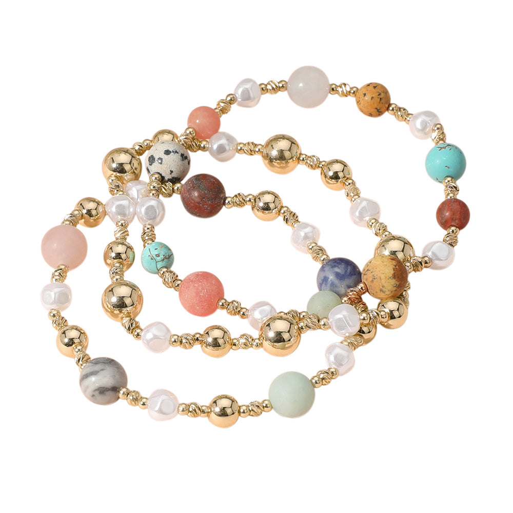 iLLASPARKZ 3PCS - Natural Stone Metal Ball Pearl Beaded Stretch Multi Layered Bracelets