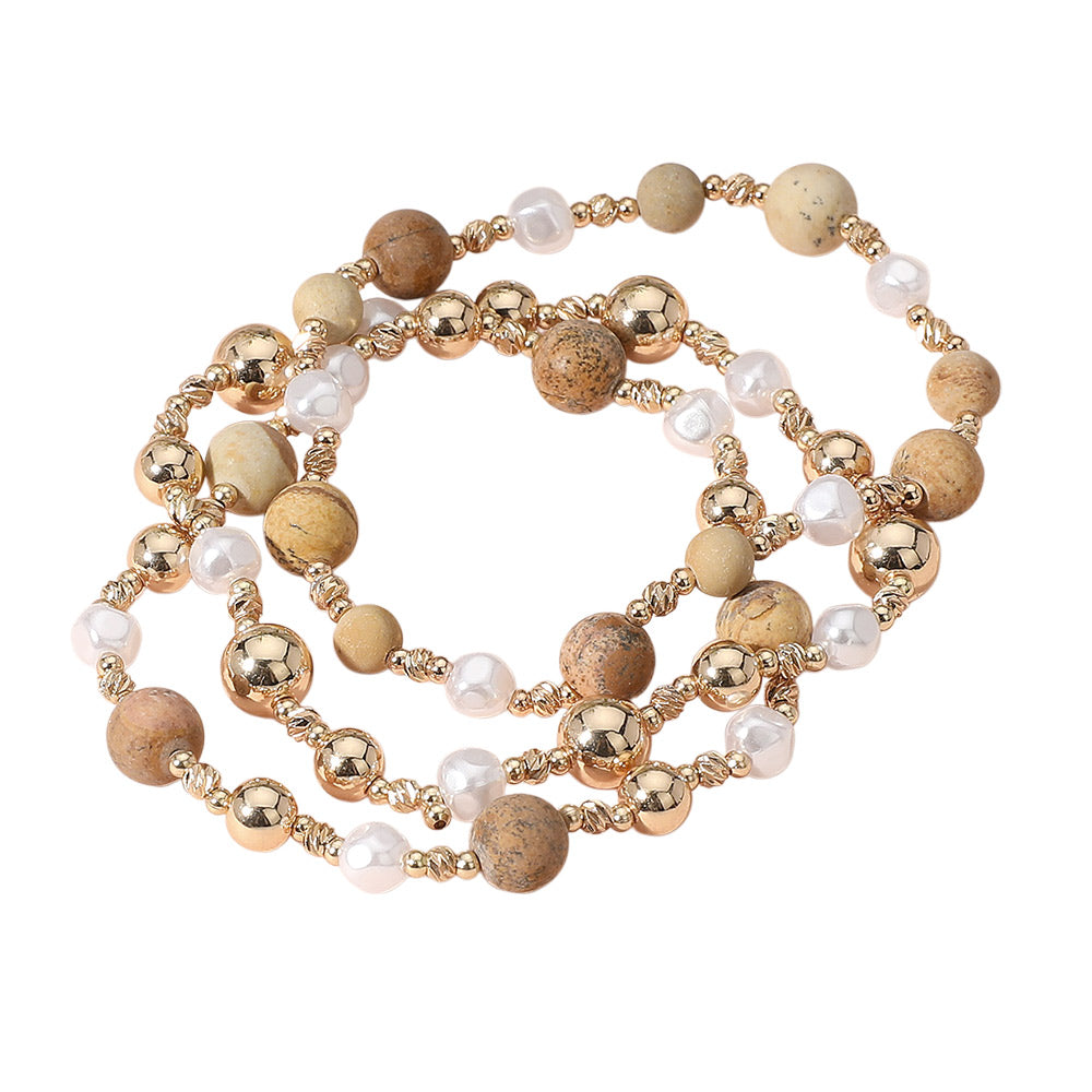 iLLASPARKZ 3PCS - Natural Stone Metal Ball Pearl Beaded Stretch Multi Layered Bracelets