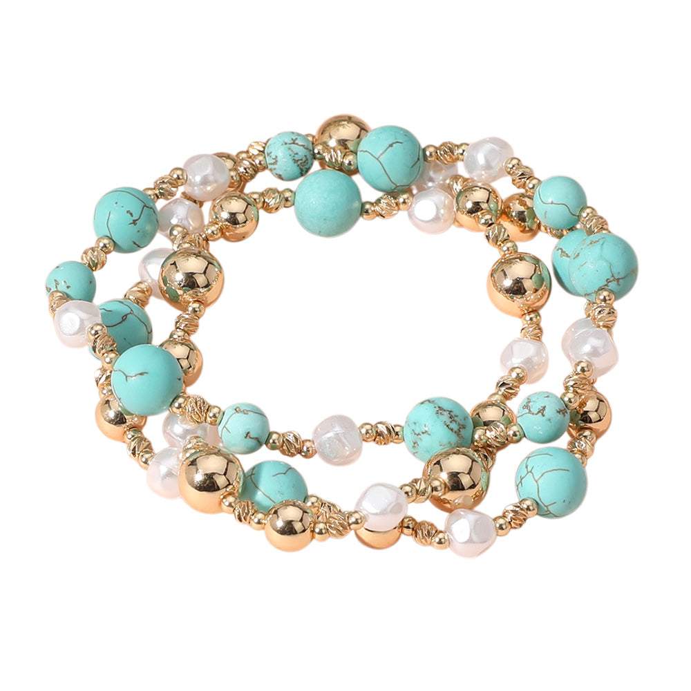 iLLASPARKZ 3PCS - Natural Stone Metal Ball Pearl Beaded Stretch Multi Layered Bracelets