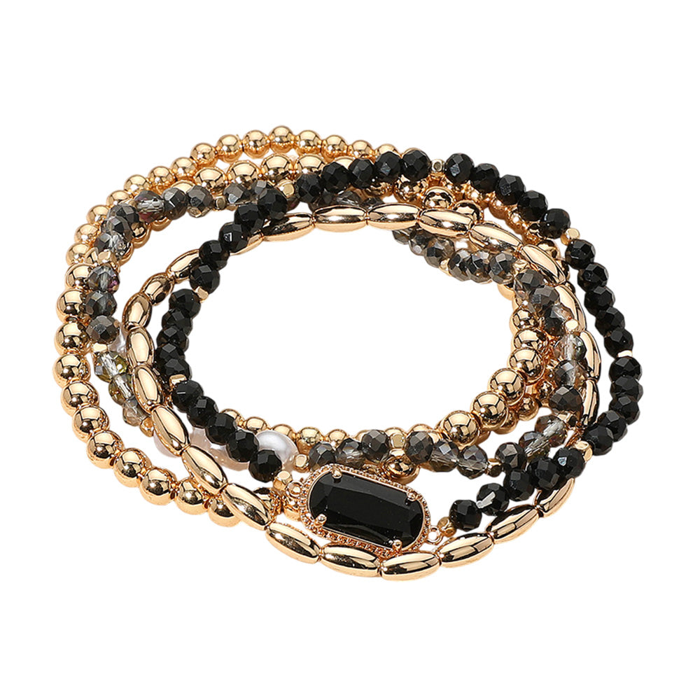 iLLASPARKZ 5PCS - Stone Charm Pointed Metal Ball Pearl Faceted Beaded Stretch Multi Layered Bracelets