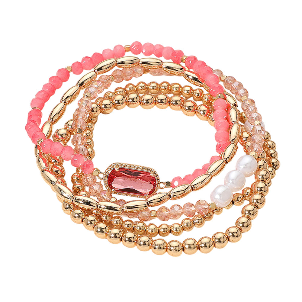 iLLASPARKZ 5PCS - Stone Charm Pointed Metal Ball Pearl Faceted Beaded Stretch Multi Layered Bracelets