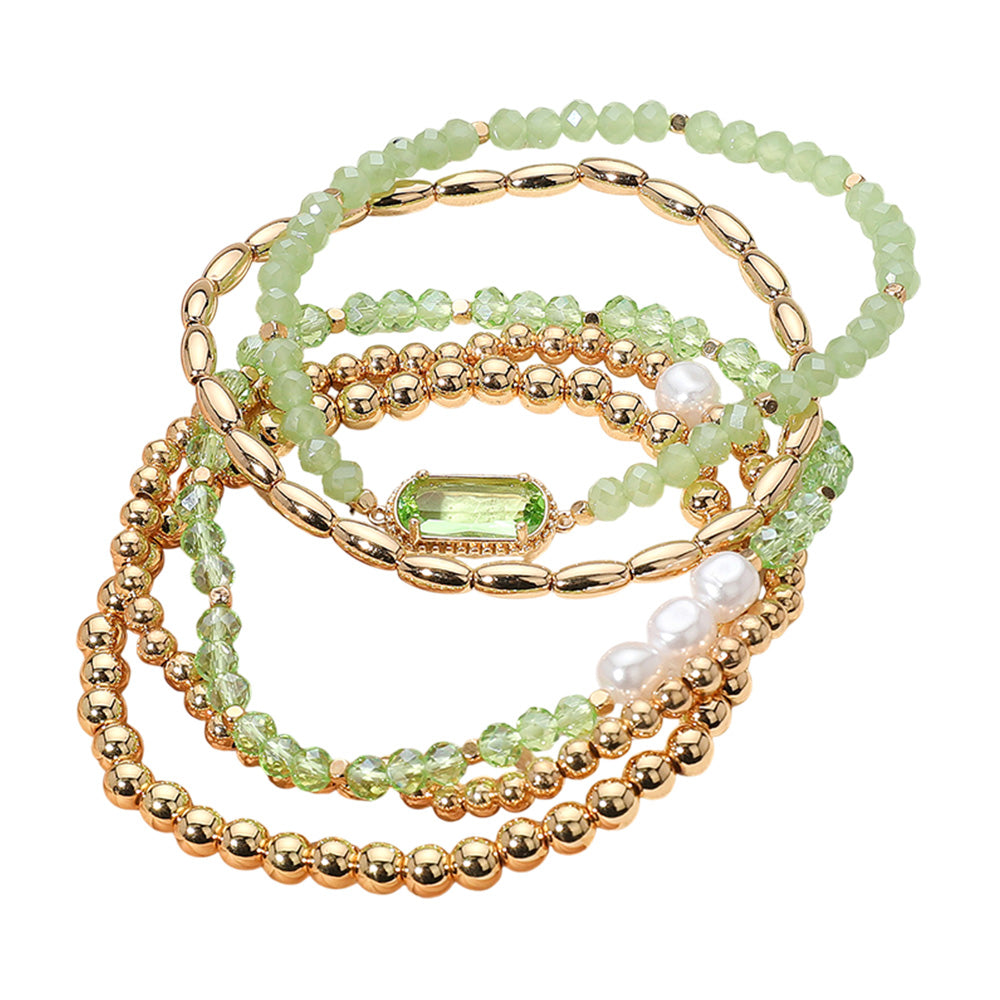 iLLASPARKZ 5PCS - Stone Charm Pointed Metal Ball Pearl Faceted Beaded Stretch Multi Layered Bracelets