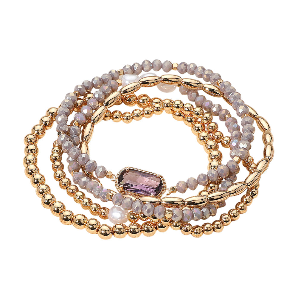 iLLASPARKZ 5PCS - Stone Charm Pointed Metal Ball Pearl Faceted Beaded Stretch Multi Layered Bracelets