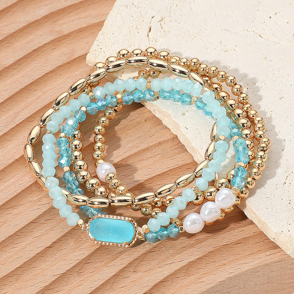 iLLASPARKZ 5PCS - Stone Charm Pointed Metal Ball Pearl Faceted Beaded Stretch Multi Layered Bracelets