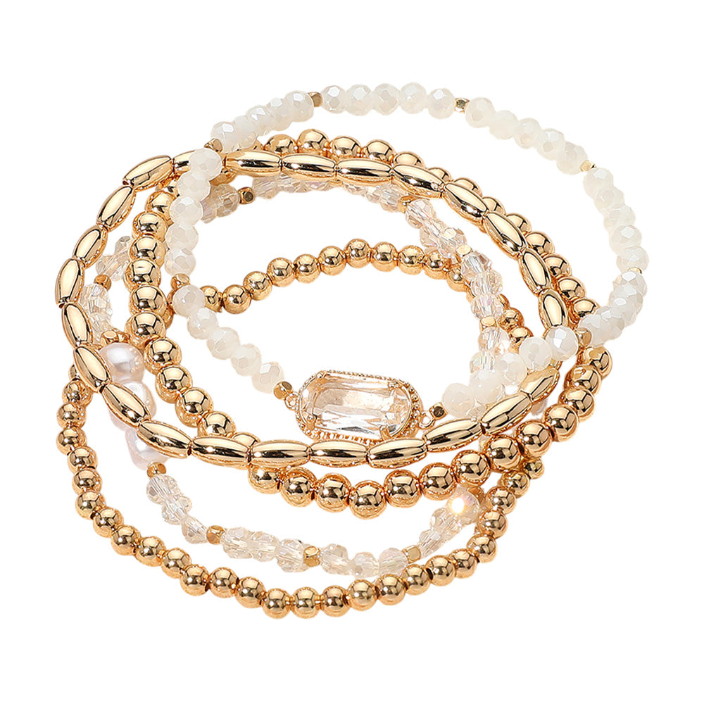 iLLASPARKZ 5PCS - Stone Charm Pointed Metal Ball Pearl Faceted Beaded Stretch Multi Layered Bracelets