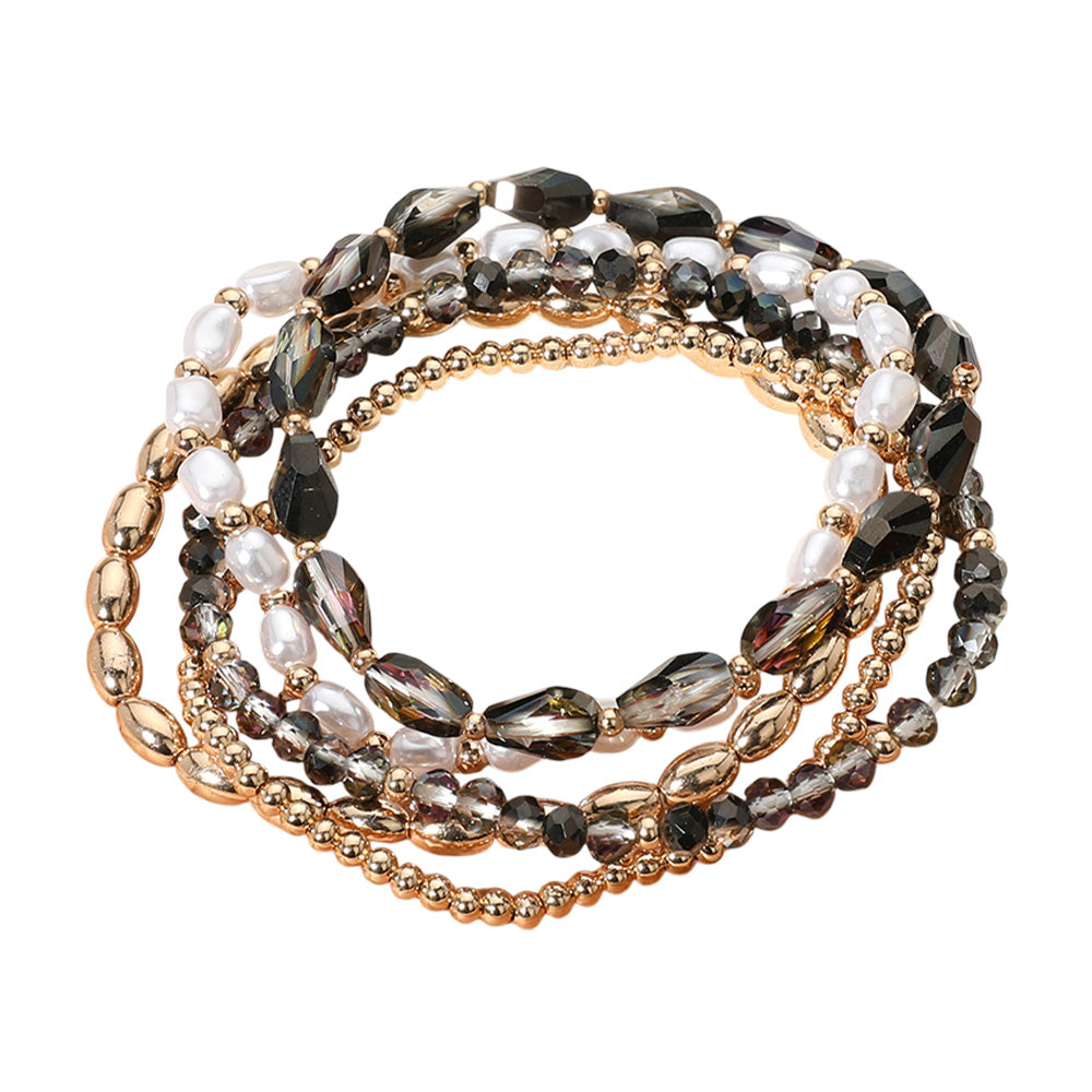 iLLASPARKZ 5PCS - Pearl Metal Faceted Beaded Stretch Multi Layered Bracelets