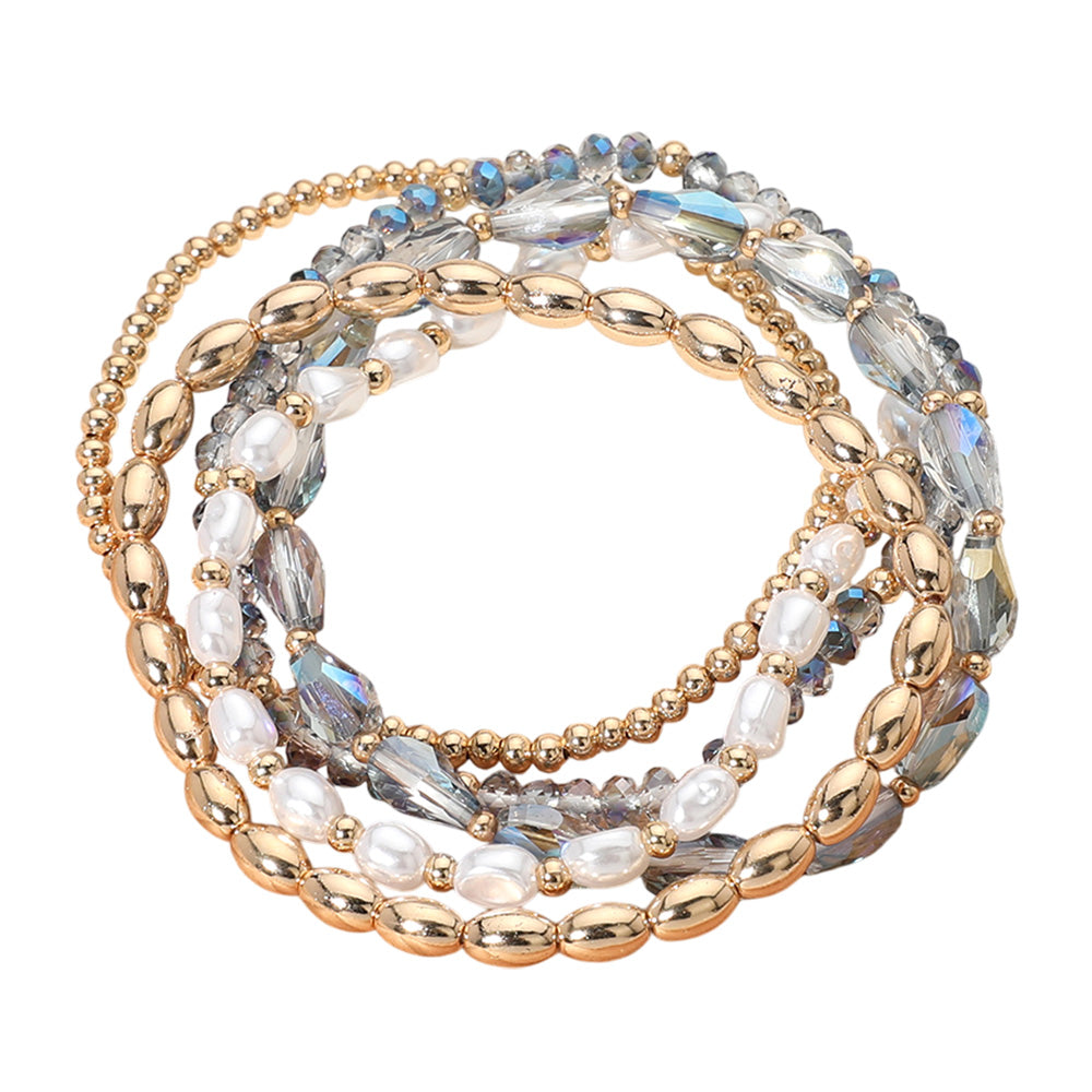 iLLASPARKZ 5PCS - Pearl Metal Faceted Beaded Stretch Multi Layered Bracelets