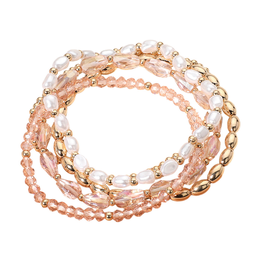iLLASPARKZ 5PCS - Pearl Metal Faceted Beaded Stretch Multi Layered Bracelets
