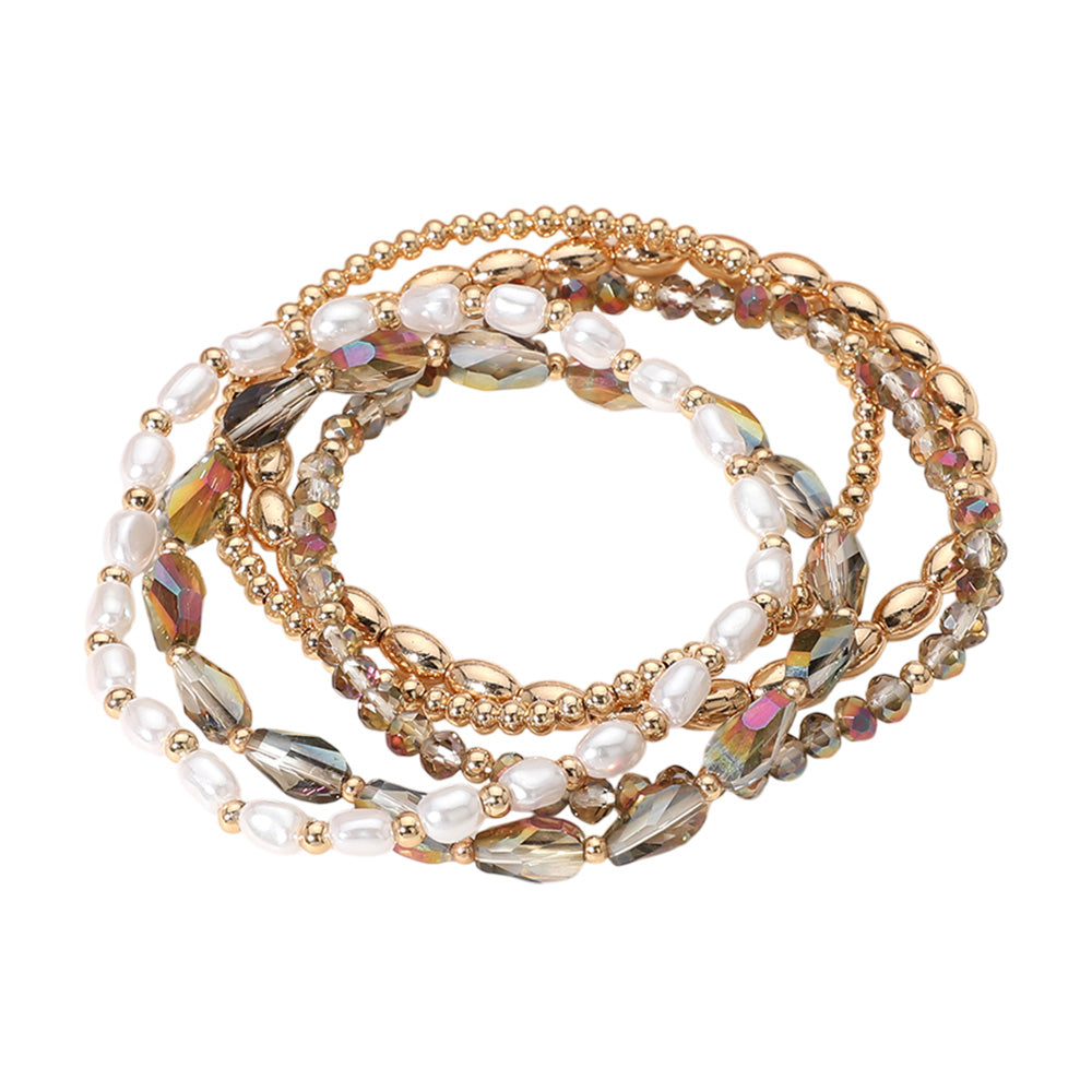 iLLASPARKZ 5PCS - Pearl Metal Faceted Beaded Stretch Multi Layered Bracelets