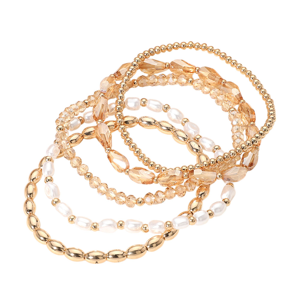 iLLASPARKZ 5PCS - Pearl Metal Faceted Beaded Stretch Multi Layered Bracelets