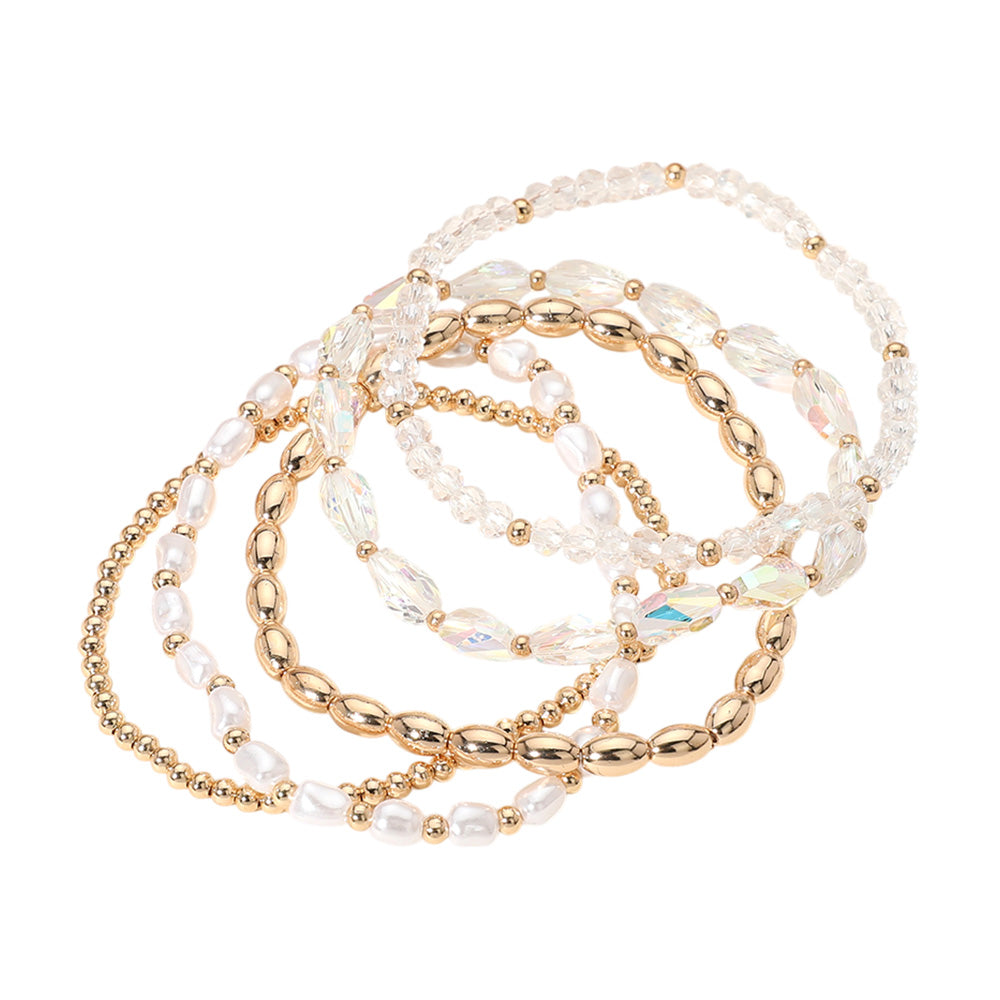 iLLASPARKZ 5PCS - Pearl Metal Faceted Beaded Stretch Multi Layered Bracelets