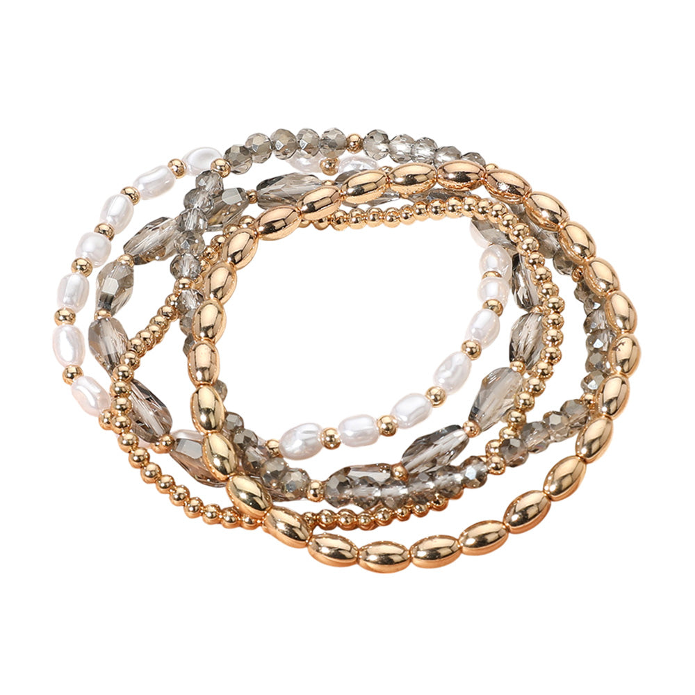 iLLASPARKZ 5PCS - Pearl Metal Faceted Beaded Stretch Multi Layered Bracelets