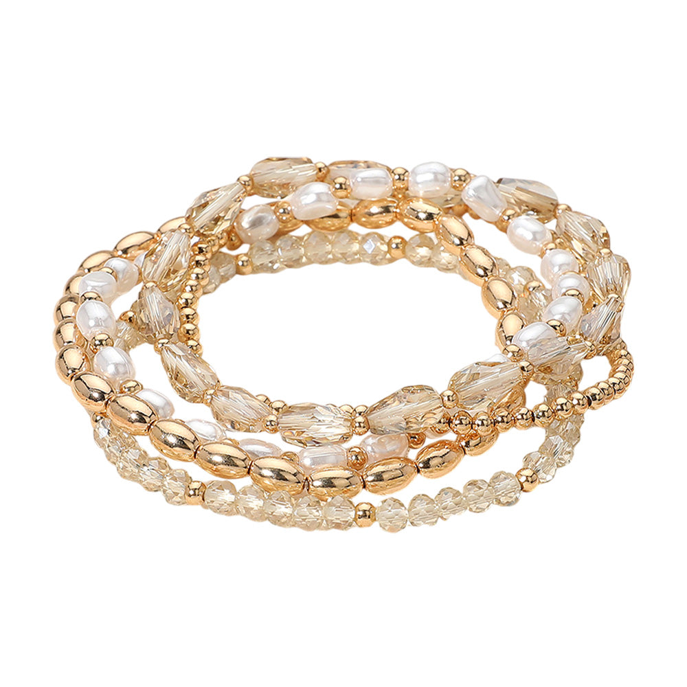 iLLASPARKZ 5PCS - Pearl Metal Faceted Beaded Stretch Multi Layered Bracelets