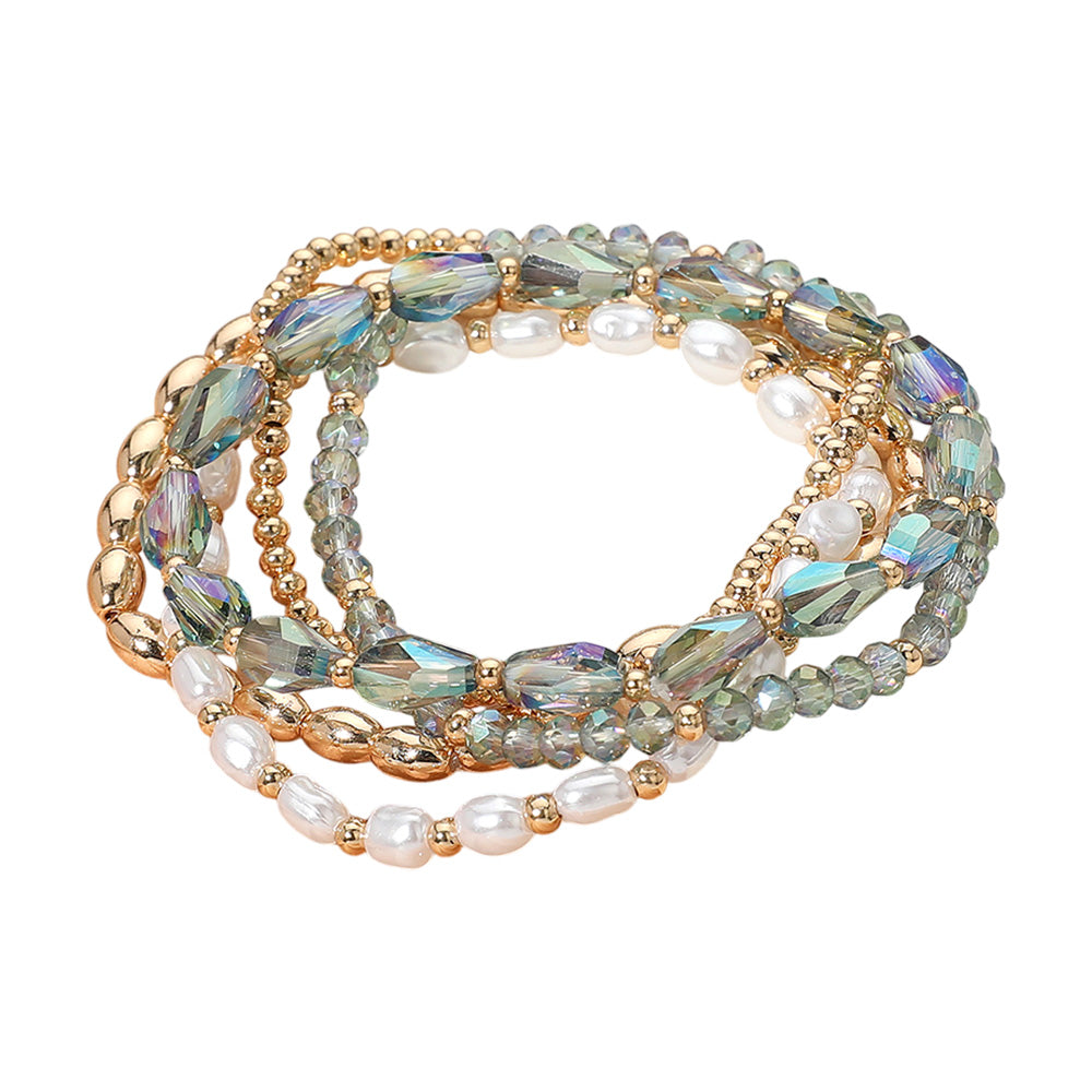 iLLASPARKZ 5PCS - Pearl Metal Faceted Beaded Stretch Multi Layered Bracelets