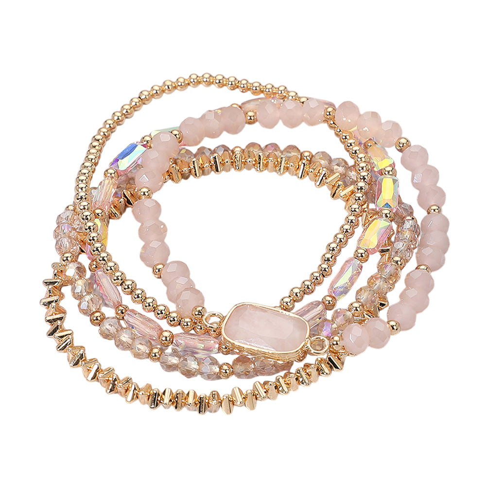 iLLASPARKZ 5PCS - Stone Charm Pointed Metal Ball Faceted Beaded Stretch Multi Layered Bracelets