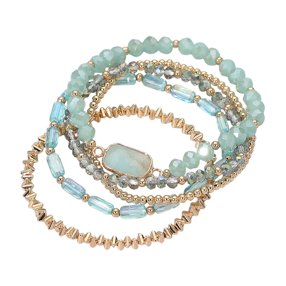 iLLASPARKZ 5PCS - Stone Charm Pointed Metal Ball Faceted Beaded Stretch Multi Layered Bracelets