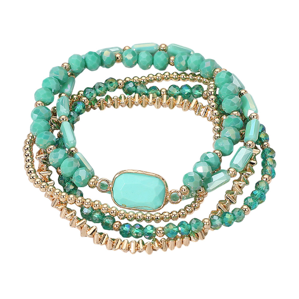 iLLASPARKZ 5PCS - Stone Charm Pointed Metal Ball Faceted Beaded Stretch Multi Layered Bracelets