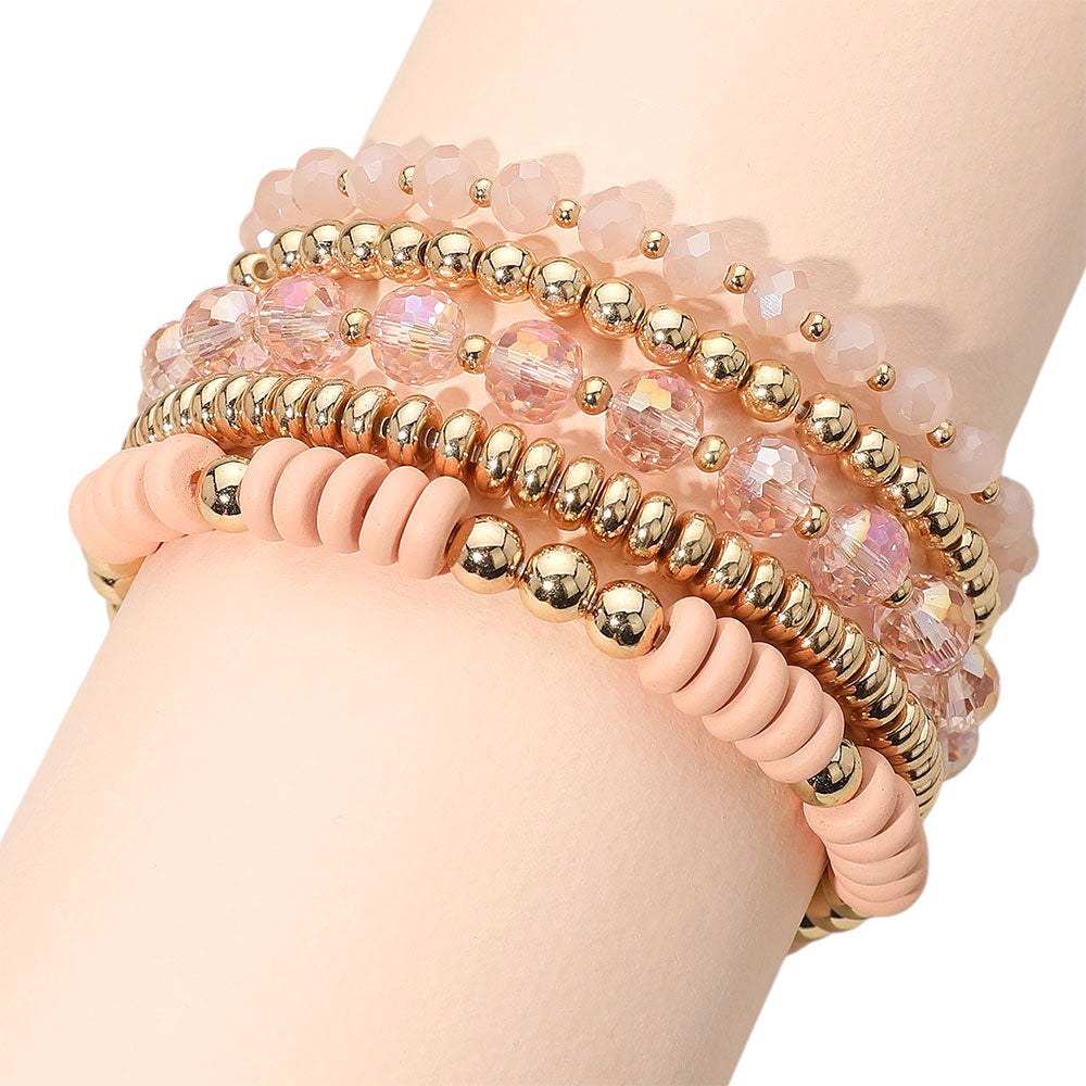 iLLASPARKZ 5PCS - Flat Wood Metal Ball Faceted Beaded Stretch Multi Layered Bracelets