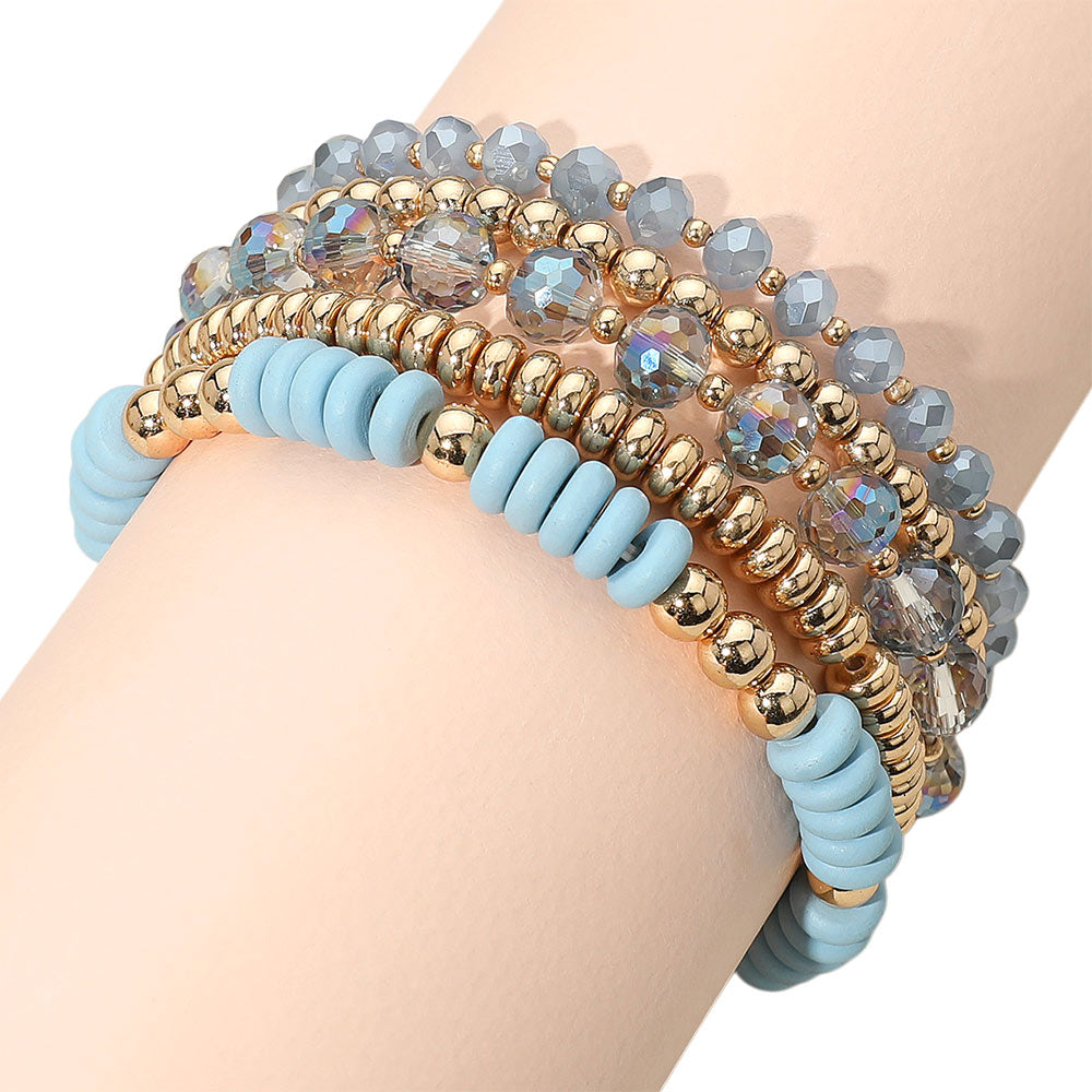 iLLASPARKZ 5PCS - Flat Wood Metal Ball Faceted Beaded Stretch Multi Layered Bracelets