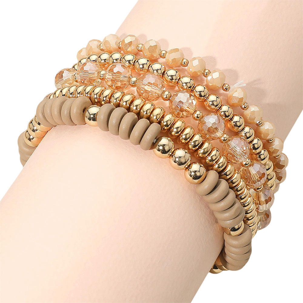 iLLASPARKZ 5PCS - Flat Wood Metal Ball Faceted Beaded Stretch Multi Layered Bracelets