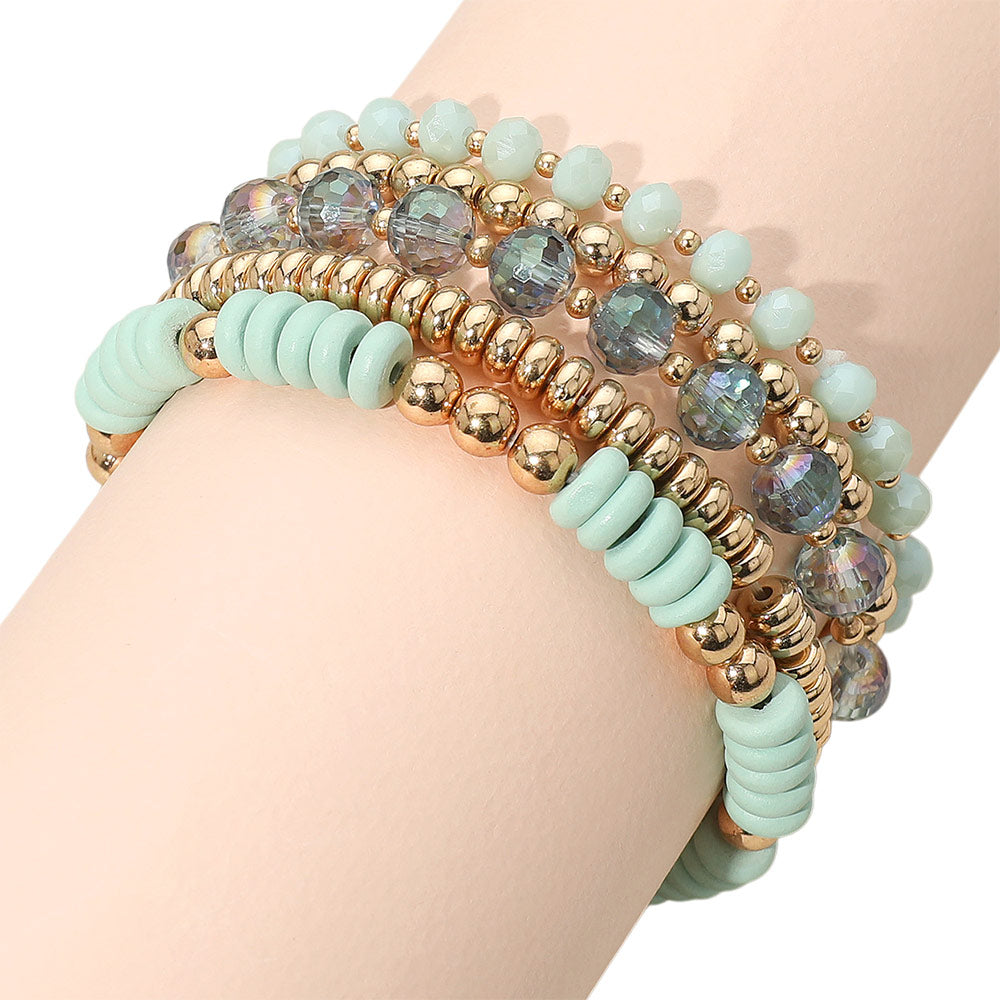iLLASPARKZ 5PCS - Flat Wood Metal Ball Faceted Beaded Stretch Multi Layered Bracelets