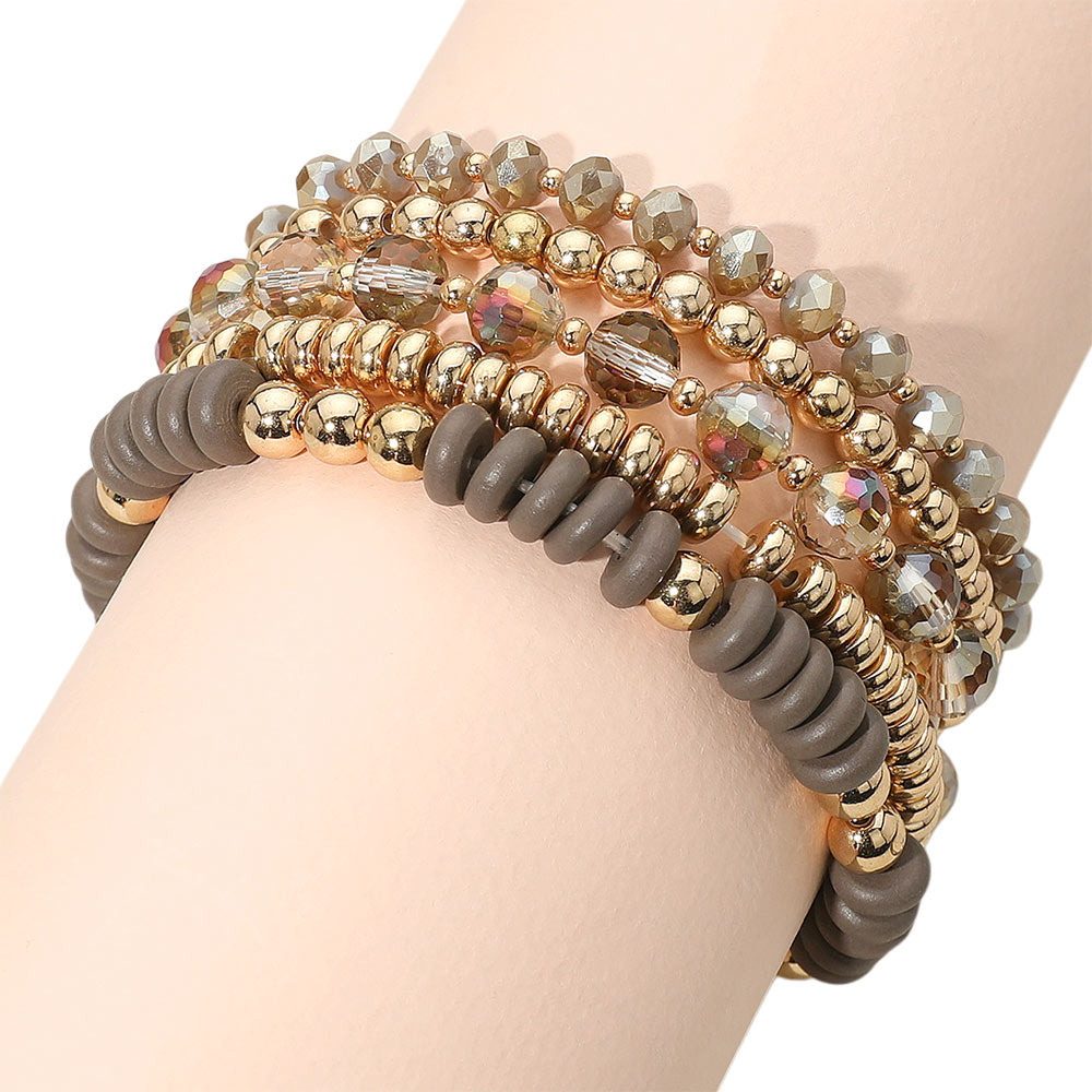 iLLASPARKZ 5PCS - Flat Wood Metal Ball Faceted Beaded Stretch Multi Layered Bracelets