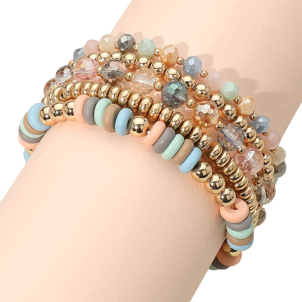 iLLASPARKZ 5PCS - Flat Wood Metal Ball Faceted Beaded Stretch Multi Layered Bracelets