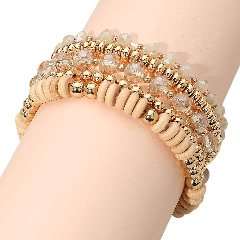 iLLASPARKZ 5PCS - Flat Wood Metal Ball Faceted Beaded Stretch Multi Layered Bracelets