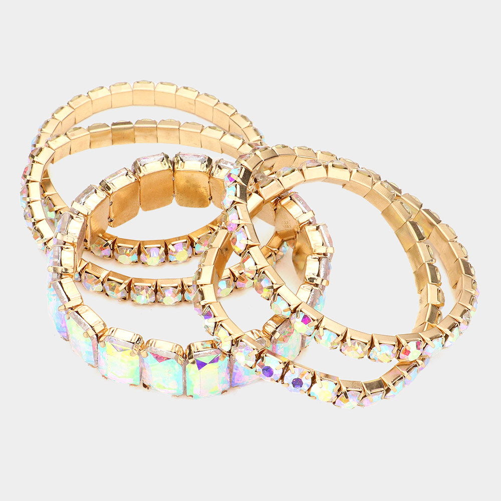 iLLASPARKZ 5PCS - Emerald Cut Round Stone Stretch Evening Bracelets