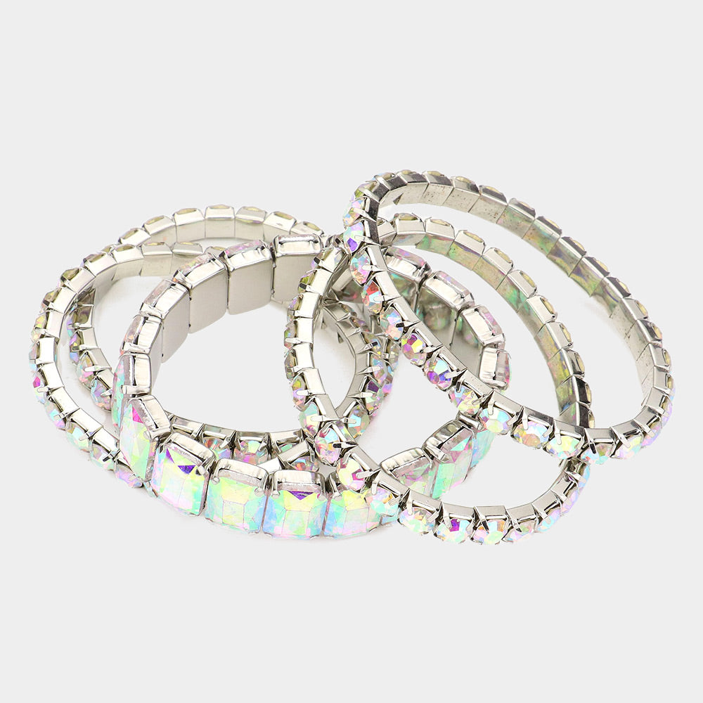iLLASPARKZ 5PCS - Emerald Cut Round Stone Stretch Evening Bracelets