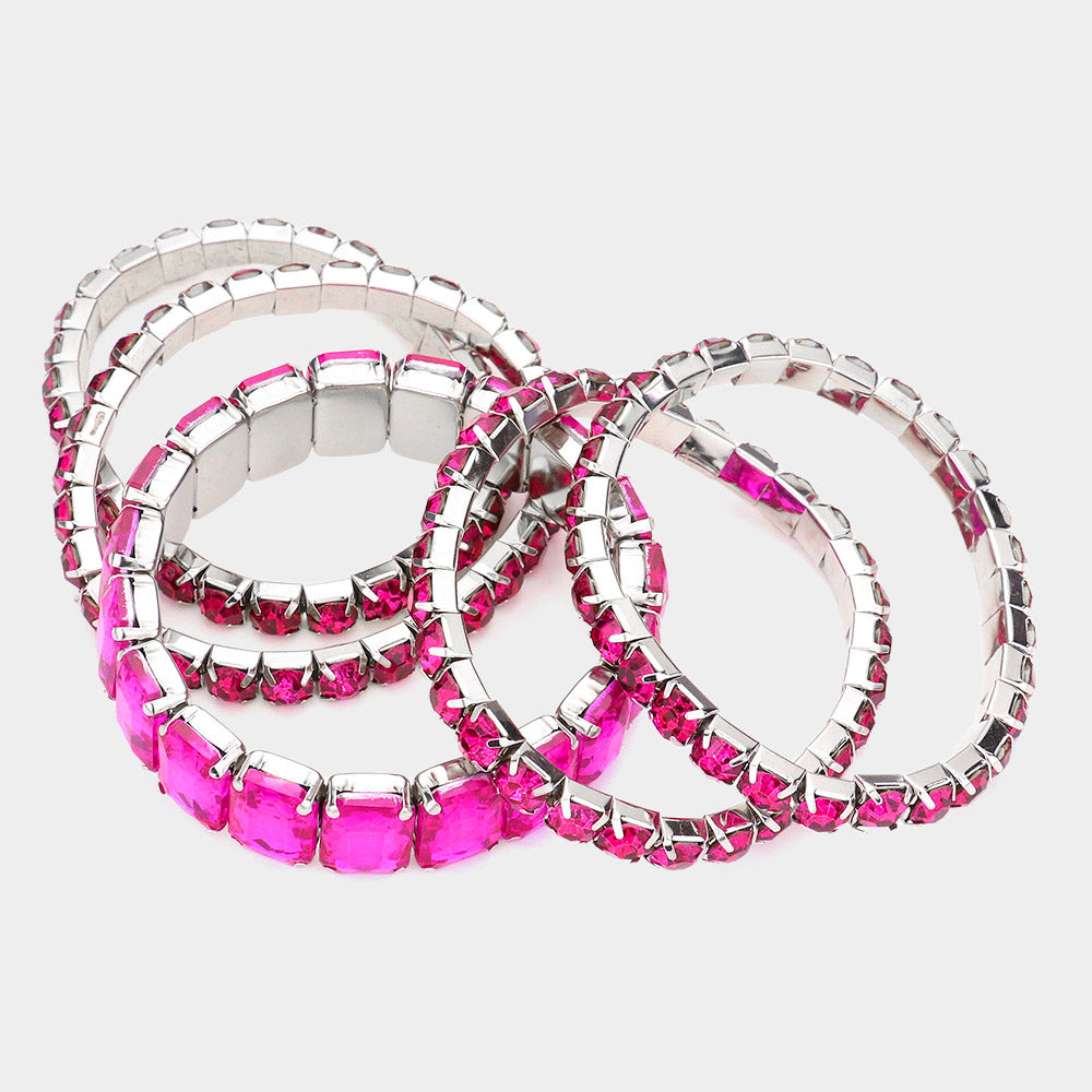 iLLASPARKZ 5PCS - Emerald Cut Round Stone Stretch Evening Bracelets