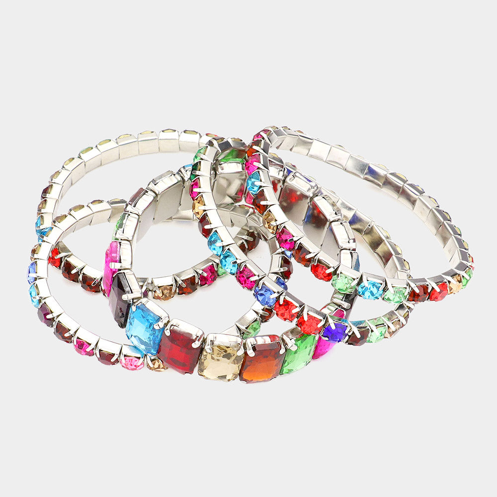 iLLASPARKZ 5PCS - Emerald Cut Round Stone Stretch Evening Bracelets