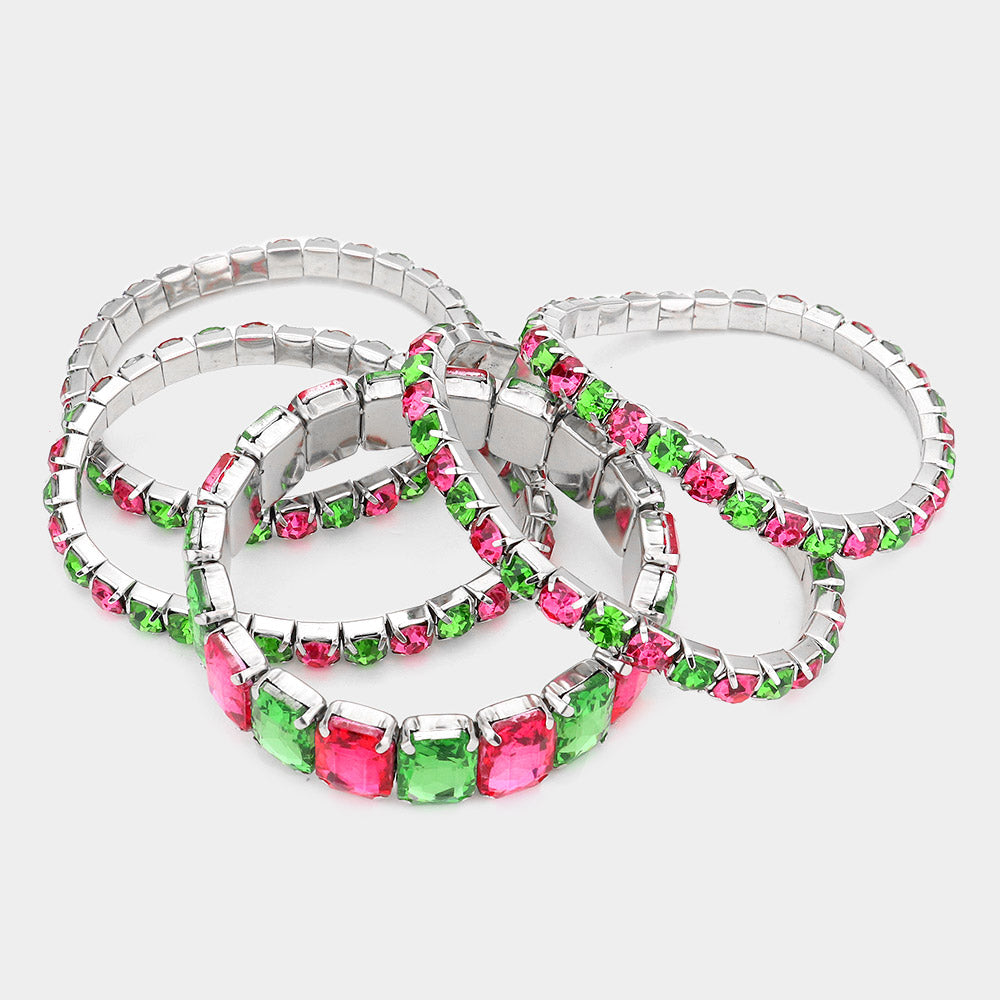 iLLASPARKZ 5PCS - Emerald Cut Round Stone Stretch Evening Bracelets