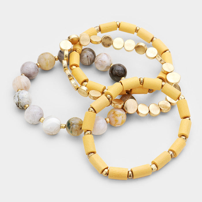 iLLASPARKZ 4PCS - Semi Precious Wood Bead Stretch Bracelets