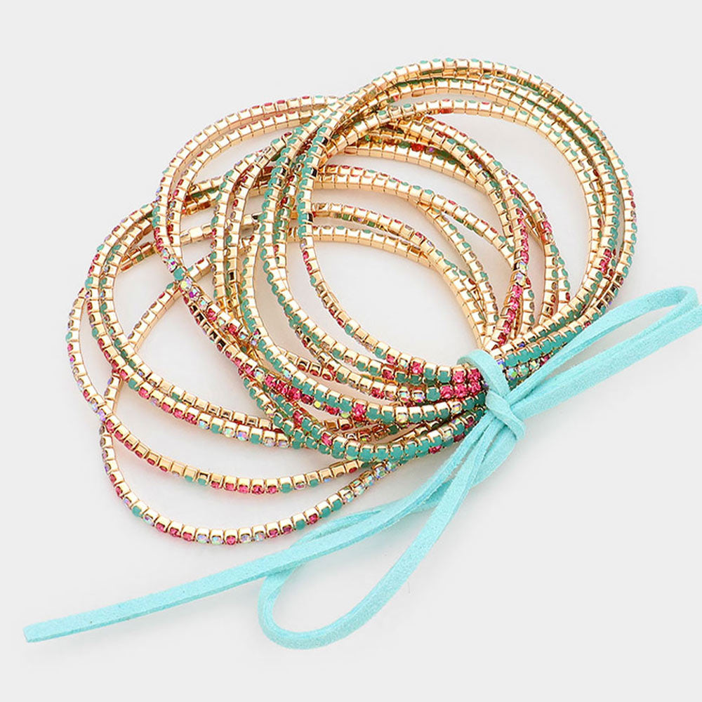 iLLASPARKZ 12PCS - Ribbon Colorful Rhinestone Layered Stretch Bracelets