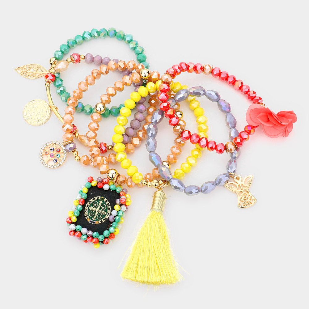 iLLASPARKZ 7pcs - Religious Coin Evil Eye Fabric Flower Leaf Tassel Charm Faceted Beaded Bracelets