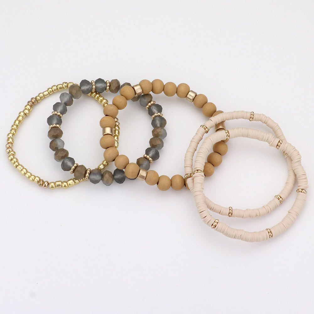 iLLASPARKZ 5PCS - Wood Heishi Faceted Beaded Stretch Bracelets