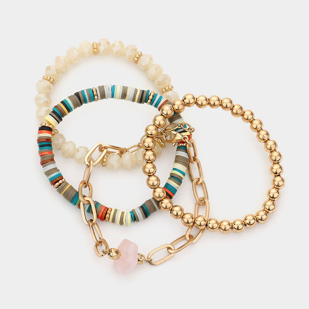 iLLASPARKZ 4PCS - Natural Stone Accented Chain Bracelet Multi Beaded Stretch Bracelets Set