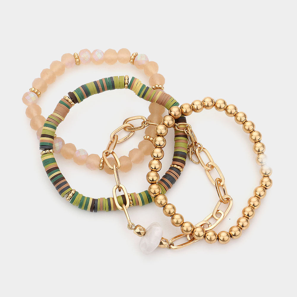 iLLASPARKZ 4PCS - Natural Stone Accented Chain Bracelet Multi Beaded Stretch Bracelets Set