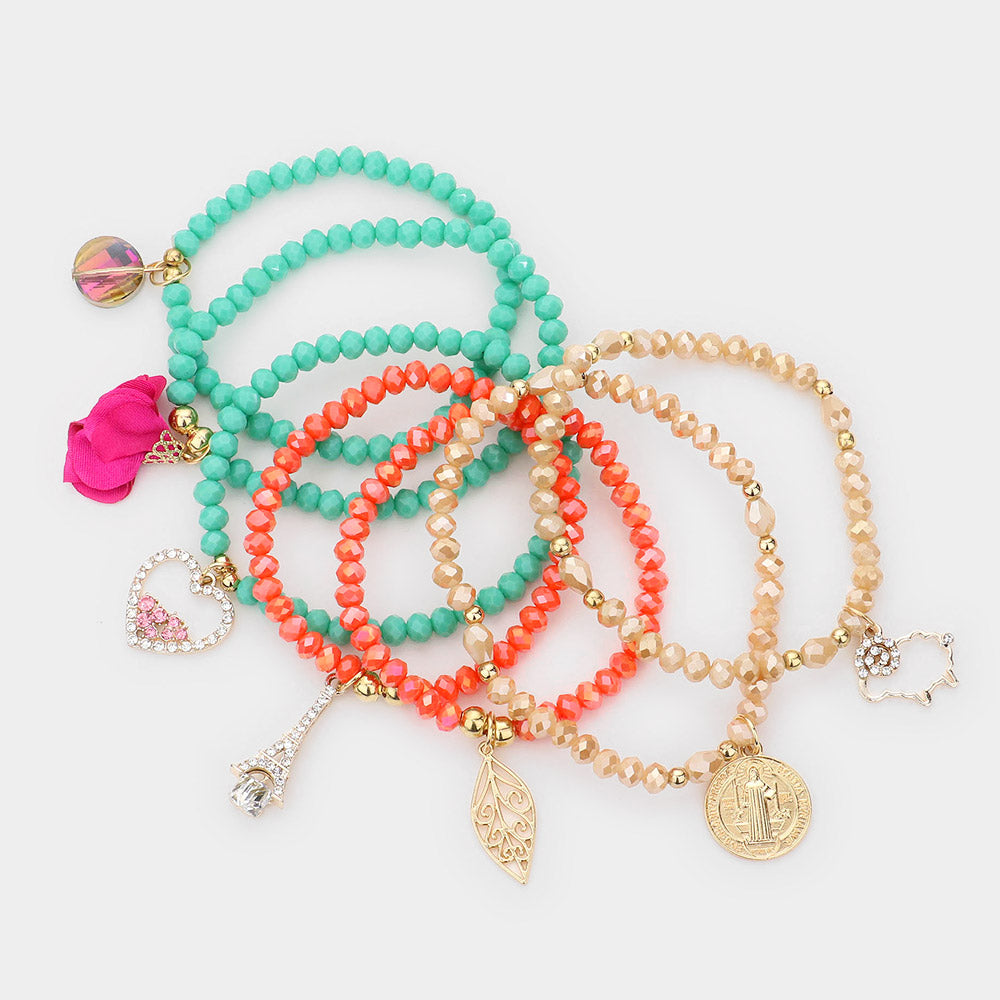 iLLASPARKZ 7pcs -  Eiffel Tower Sheep Leaf Heart Fabric Flower Charm Faceted Beaded Stretch Bracelets