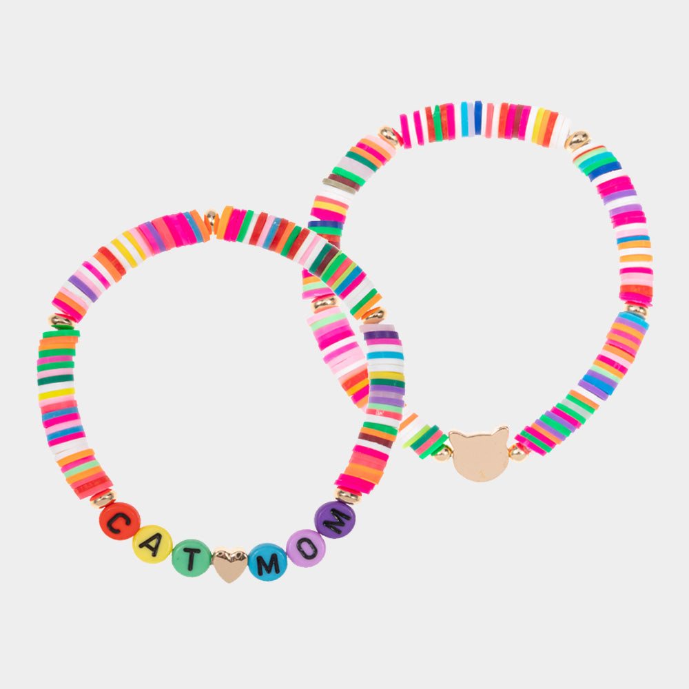 iLLASPARKZ 2PCS - CAT MOM Heishi Beaded Stretch Bracelets